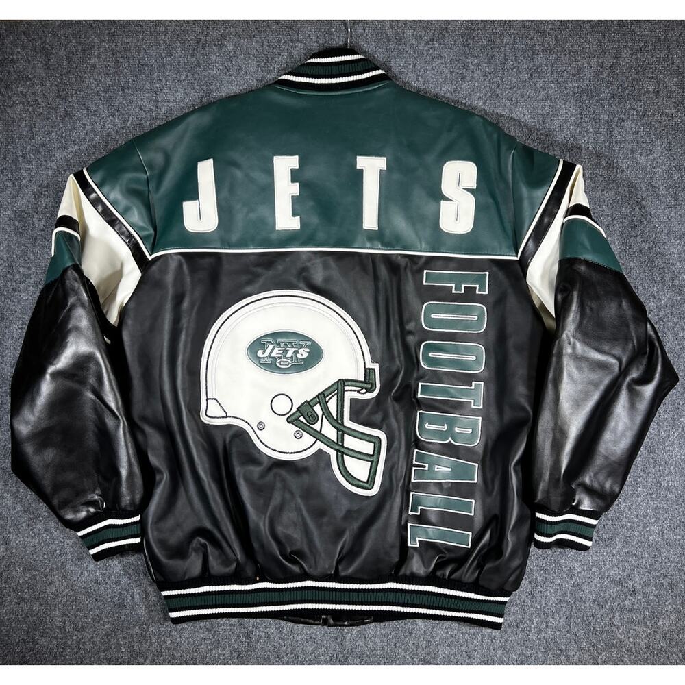 Vintage 90s New York Jets Faux Leather Jacket XL Black Streetwear